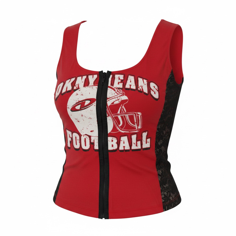 DKNY Jeans Red Football Graphic Crop Tank Top with Lace Side Panels and Hook-and